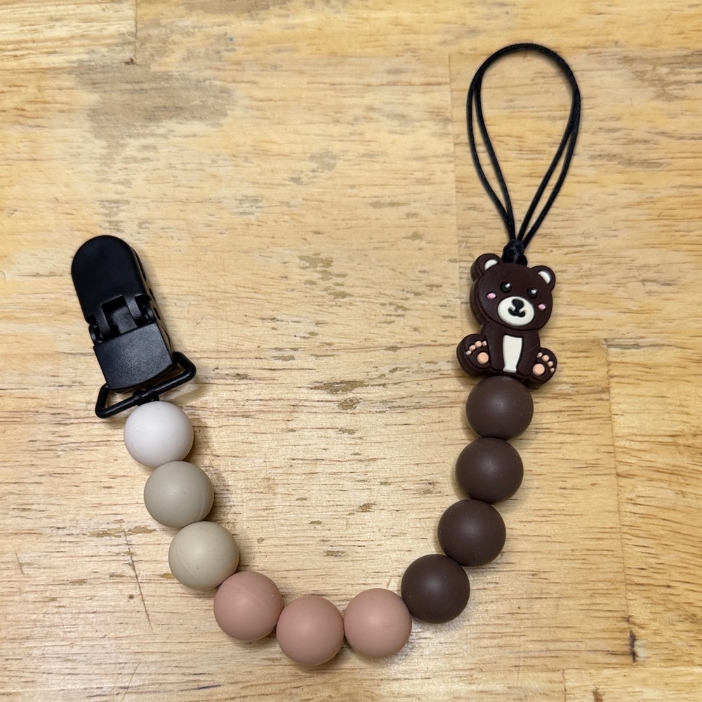 Brown and Cream Bear Pacifier Clip
